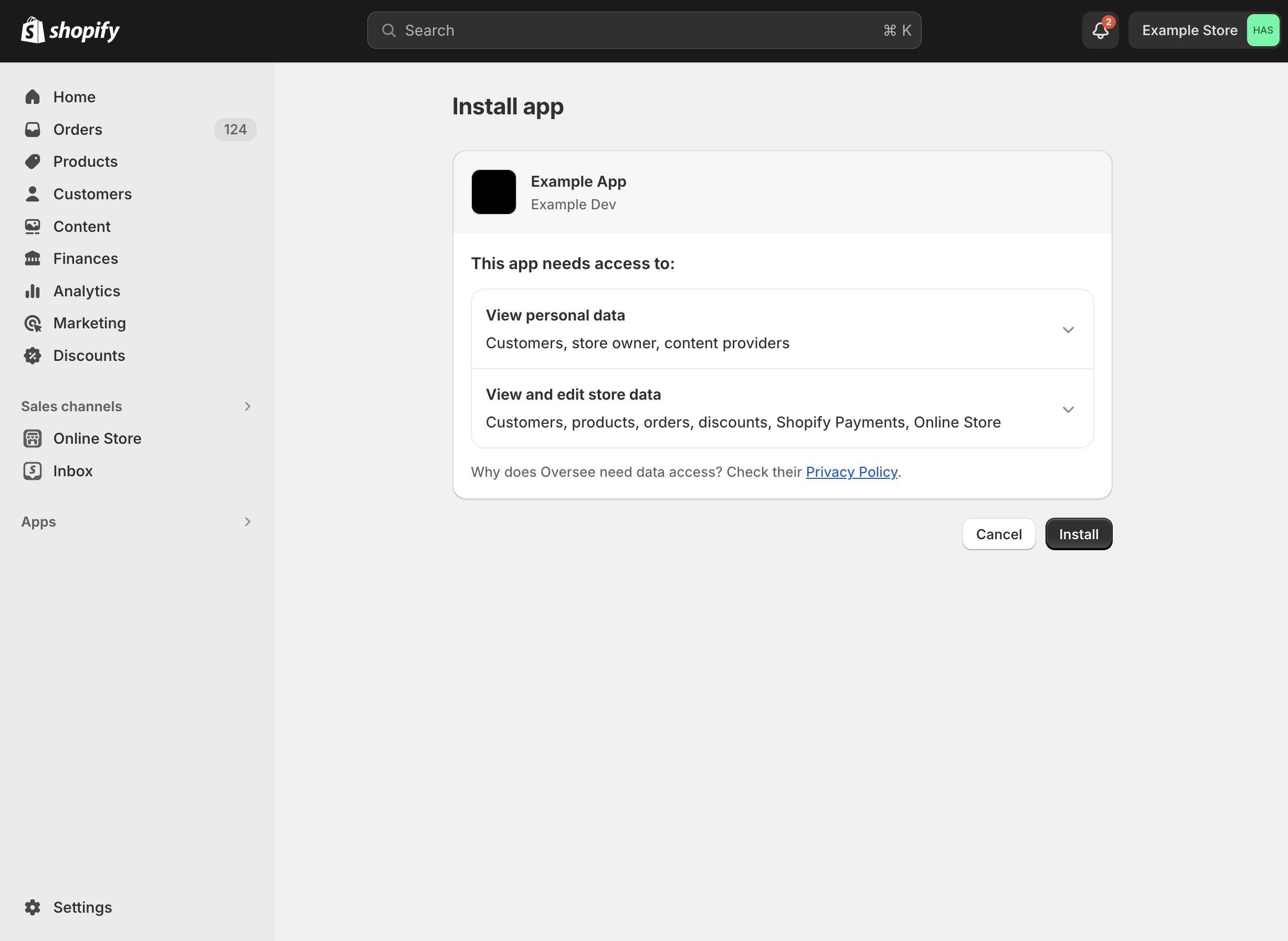 The install app page inside the Shopify admin.