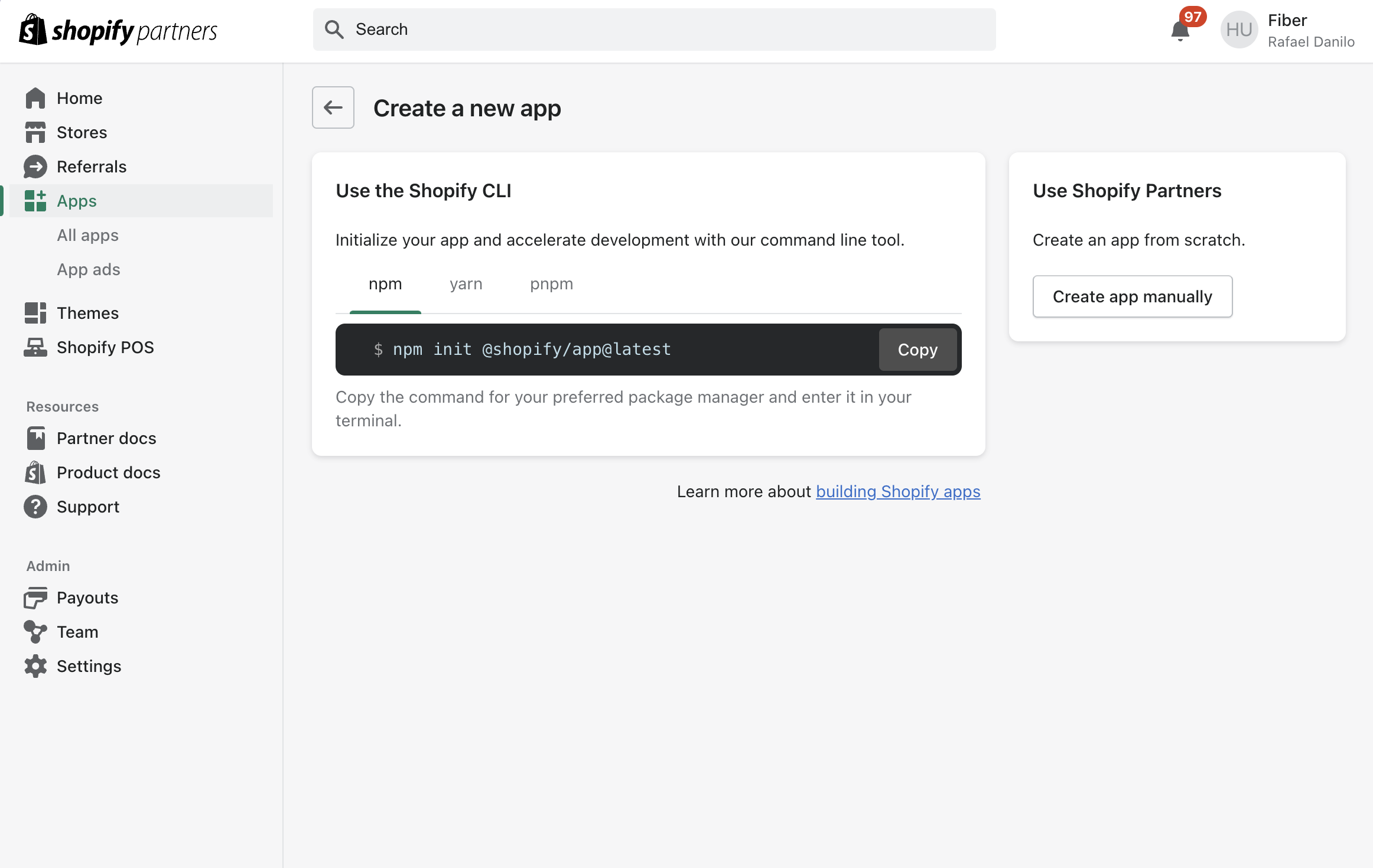 Shopify offers a CLI tool for creating apps, but the experience is still bumpy as of Feb 2024.