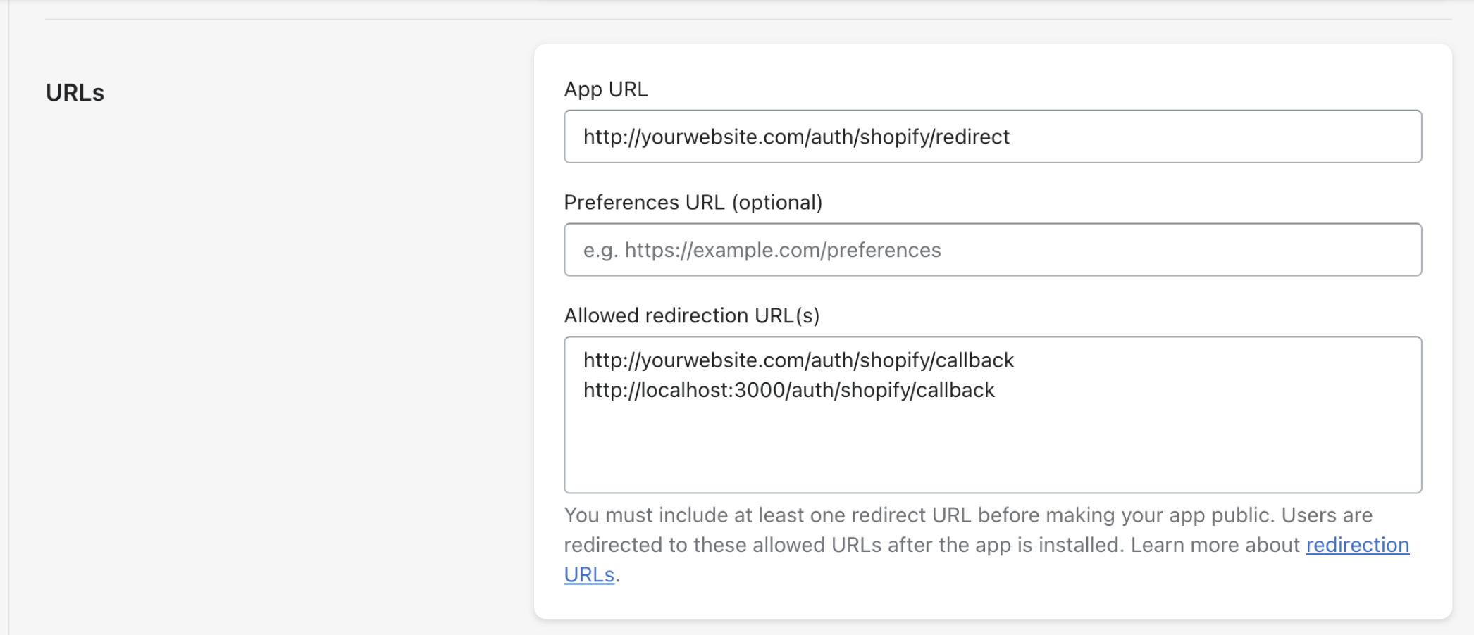 When users click to install your app, Shopify sends them to the App URL defined in the app settings.